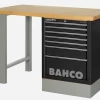 Bahco 1495KH8BKWB15TW Heavy Duty Low Height Wooden Top Workbench With 8 Drawer Black Cabinet 1500mm Long -Pro Tools Shop 1495KHWB15TW black 1