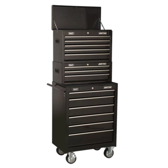 Sealey AP22BSTACK 14 Drawer Tool Box Stack - Roll Cab, Top & Mid Chests - Black 4 Sealey AP22BSTACK 14 Drawer Tool Box Stack - Roll Cab, Top & Mid Chests - Black - Image 2
