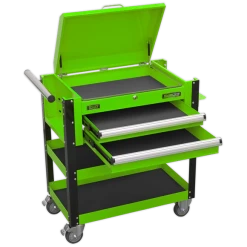 Sealey AP760MHV Heavy-Duty Mobile Tool &amp; Parts Trolley 2 Drawers &amp; Lockable Top - Green -Pro Tools Shop AP760MHV DRAWERS OPEN PIC3 DFC33195