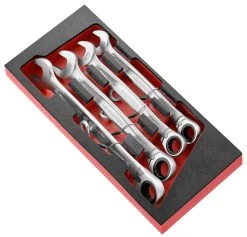 Facom MODM.467J4SLS 4 Piece Tethered Metric Ratchet Combination Spanner Set Supplied In Foam Module Tray 21-27mm